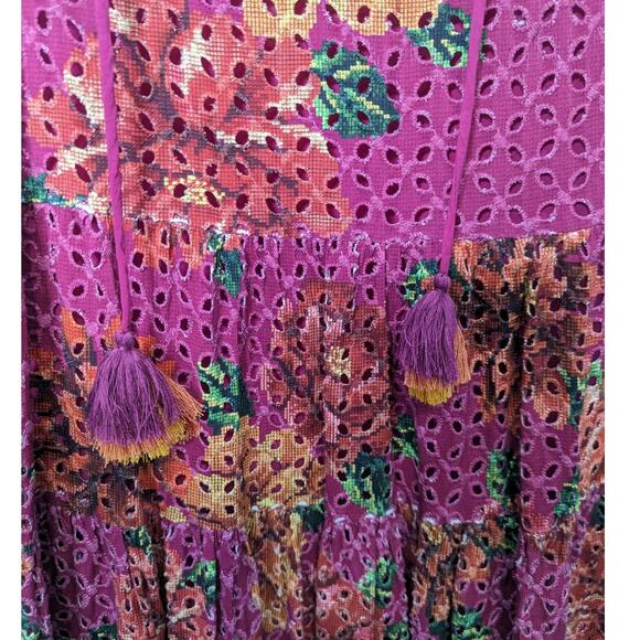 Farm Rio Anthro Eyelet Tiered Tunic Floral Split Neck Pink Multi Large P NWOT - Picture 11 of 12